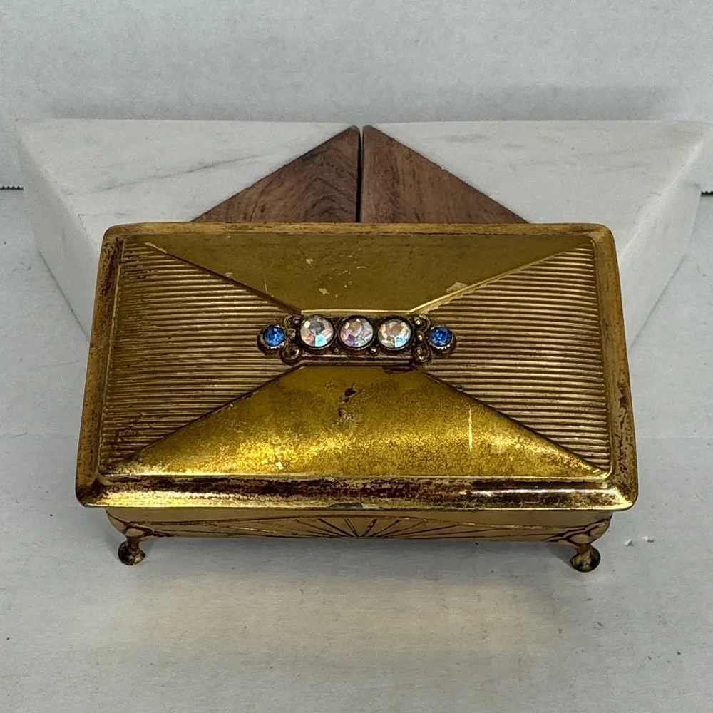 Estate Brass Jewelry Velvet Lined Casket with Gem Accents